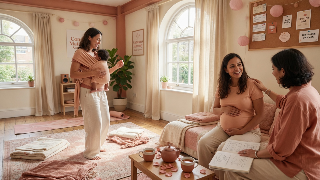 Mothers experiencing nurturing maternity care: joyful movement with baby, supportive guidance, and calm connection in a warm London setting